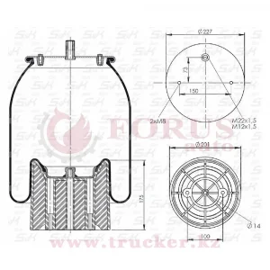 Пневмоподушка 6318P с пластиковым стаканом, крышка с отверстиями для шпилек M8 и 1-шпилька под воздух М12x1.5/M22x1.5 6H (Schmitz) (SK-6318KP-01, 016512 -Schmitz, 016558 -Schmitz, 1244666 -Schmitz, US06318F -Weweler, US86318F -Weweler, 36318KPP, T0070-6318V3)