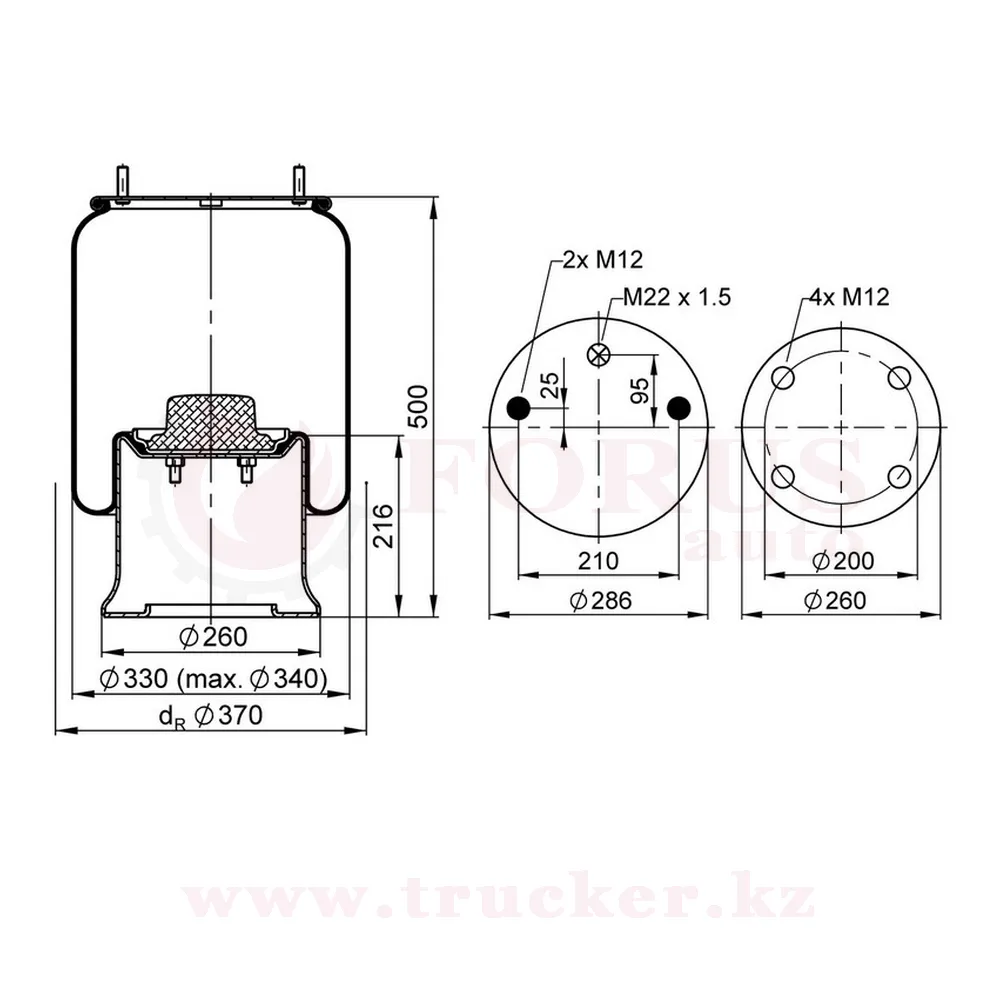 sk-912-k02-01 (01) Пневмоподушка 912 N P01 с мет. стаканом, крышка на 2 шпильки и 1-отверстие M22x1.5; стакан 4-отверстия M12 (SAF, Meritor) — изображение 1