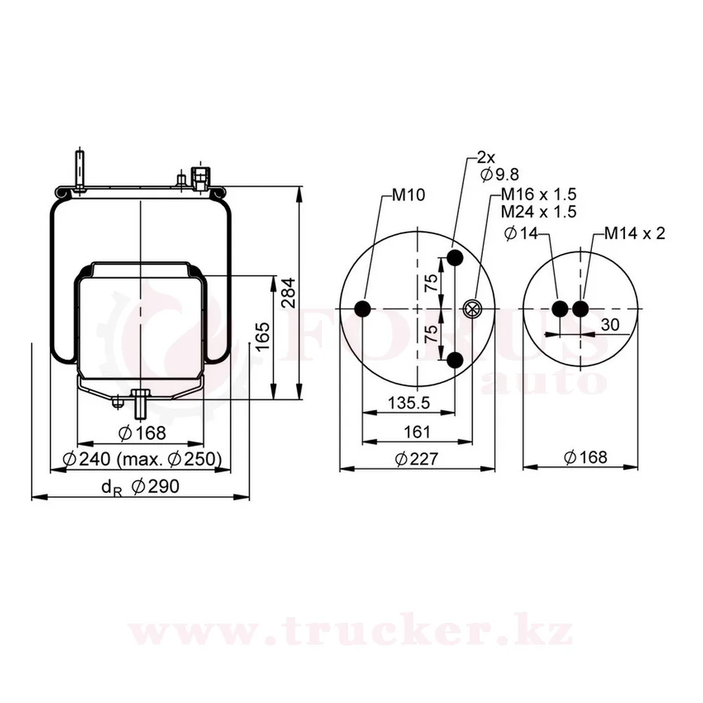 st4571s02 (01) Пневмоподушка 4571 N P02 без стакана, крышка на 1 шпильку и 2-направляющие, 1-отверстие M16x1.5/M22x1.5 6H (VOLVO) — изображение 1