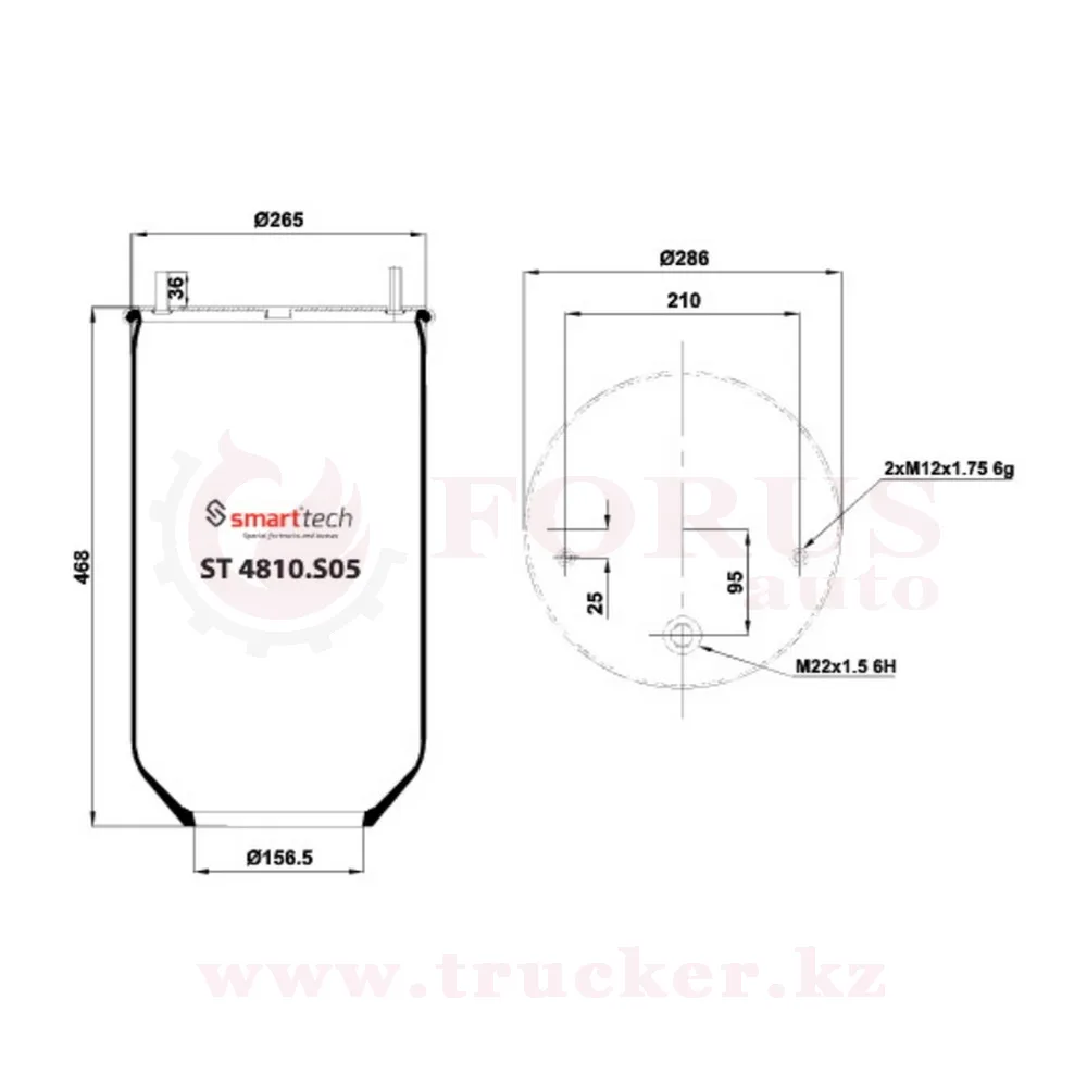 st4810s05 (01) Пневмоподушка 4810 N P05 без мет. стакана, крышка на 2 шпильки M12x1.75 6G и 1-отверстие M22x1.5 6H (SAF) — изображение 1